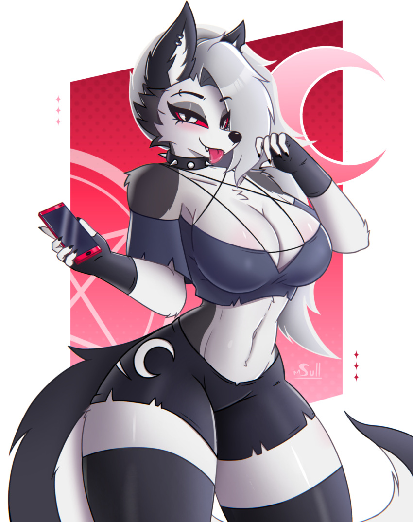 absurd_res big_breasts blep bottomwear breasts canid canid_demon cellphone clothing collar demon detailed_clothing electronics female gloves handwear hellhound helluva_boss hi_res hotpants loona_(helluva_boss) mammal phone shorts simple_background solo spiked_collar spikes sulldfox thick_thighs tongue tongue_out