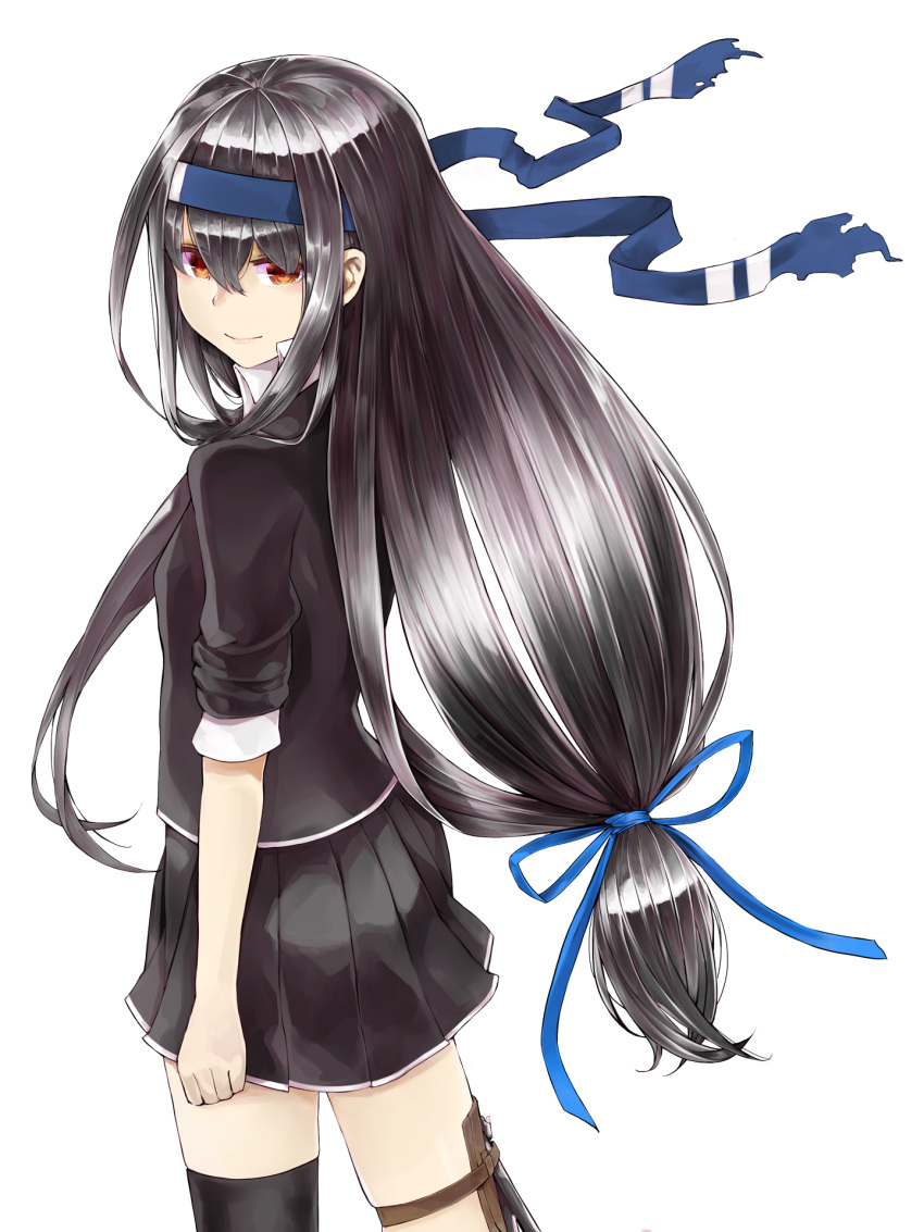 1girl black_hair black_jacket black_skirt blue_ribbon closed_mouth hair_between_eyes hair_ribbon hatsushimo_(kancolle) hatsushimo_kai_ni_(kancolle) headband highres jacket kantai_collection kurou_(bcrow) long_hair looking_at_viewer looking_back low-tied_long_hair pleated_skirt red_eyes ribbon simple_background single_thighhigh skirt solo thighhighs torn_clothes torn_headband very_long_hair white_background