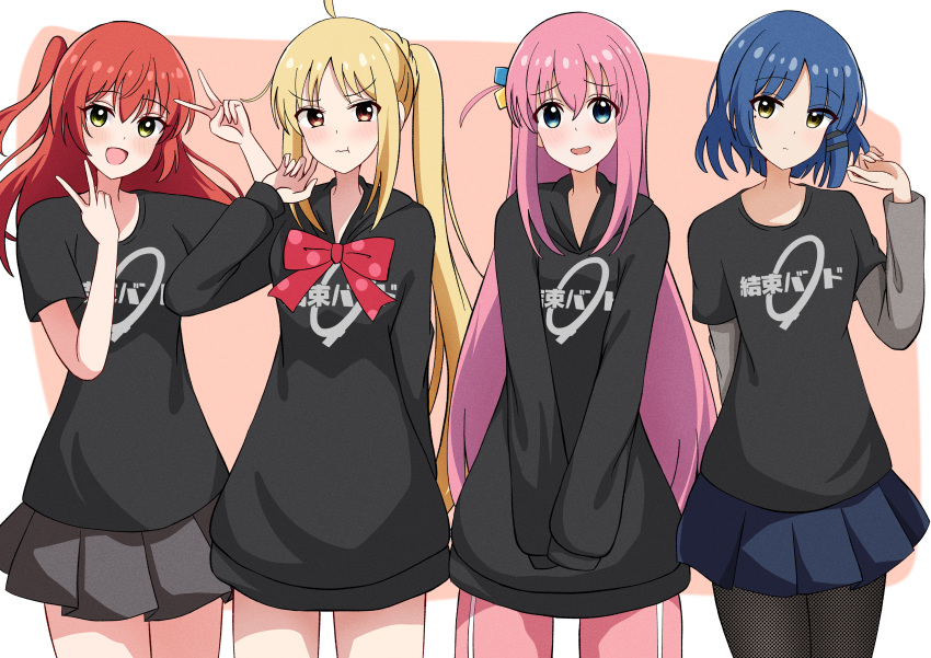 4girls :t absurdres ahoge arm_behind_back black_hoodie black_pantyhose black_shirt blonde_hair blue_eyes blue_hair blue_skirt bob_cut bocchi_the_rock! bow bowtie cube_hair_ornament double_v frown gotoh_hitori green_eyes grey_skirt hair_ornament hairclip hakama highres hood hood_down hoodie ijichi_nijika japanese_clothes kita_ikuyo layered_sleeves light_frown logo long_hoodie long_sleeves miniskirt mole mole_under_eye motti_(motthi0711) multiple_girls one_side_up open_mouth pants pantyhose pink_hair pink_pants pleated_skirt pout print_hoodie red_bow red_bowtie red_eyes red_hair red_hakama shirt short_over_long_sleeves short_sleeves side-by-side side_ponytail skirt sleeves_past_wrists smile standing t-shirt track_pants v v_arms yamada_ryo yellow_eyes