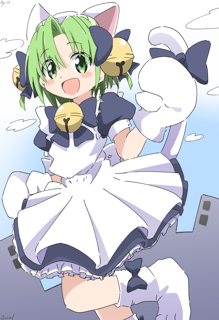 1girl absurdres animal_ears animal_hat apron bell bow building cat_ears cat_girl cat_hat cat_tail cloud cynical_(llcbluckg_c004) day dejiko di_gi_charat dress frills green_eyes green_hair grey_bow grey_dress hair_bell hair_ornament hand_up hat highres jingle_bell looking_at_viewer mittens neck_bell open_mouth outdoors paw_shoes puffy_short_sleeves puffy_sleeves short_sleeves signature smile solo standing standing_on_one_leg tail tail_bow tail_ornament white_apron white_footwear white_headwear white_mittens