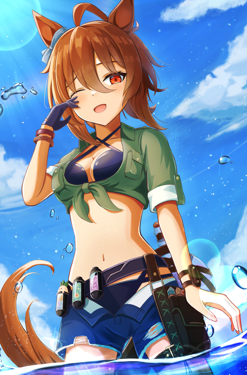 1girl :3 absurdres agnes_tachyon_(lunatic_lab)_(umamusume) agnes_tachyon_(umamusume) ahoge animal_ears beach belt bikini black_bikini black_footwear blue_sky breasts brown_belt brown_hair cleavage closed_mouth cloud cloudy_sky commentary_request cowboy_shot criss-cross_halter denim denim_shorts ear_ornament gloves green_jacket grin hair_between_eyes halterneck hand_on_own_chin highres holding_sandals horse_ears horse_girl horse_tail jacket looking_at_viewer medium_breasts medium_hair navel ocean official_alternate_costume open_clothes open_fly open_shorts outdoors red_eyes shorts single_glove sky sleeves_rolled_up smile solo swimsuit tail tied_jacket umamusume water wristband yorikotohachiyo