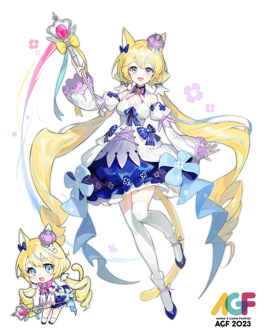 1girl :d absurdres animal_ears blonde_hair blue_footwear blush bow breasts chibi crown detached_sleeves dress drill_hair full_body hair_bow highres holding holding_wand juliet_sleeves long_hair long_sleeves looking_at_viewer medium_breasts mini_crown multiple_views original puffy_sleeves simple_background smile soyoong_jun thighhighs twintails very_long_hair wand white_background white_thighhighs