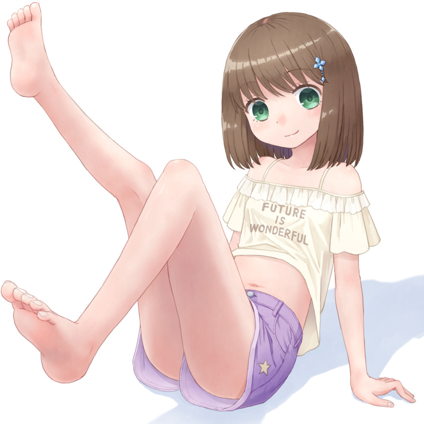 1girl bare_legs bare_shoulders barefoot brown_hair clothes_writing english_text feet green_eyes hair_ornament highres legs medium_hair midriff navel original purple_shorts shirt short_shorts shorts simple_background smile soles star_(symbol) stomach toes white_background white_shirt yuyuzuki_(yume_usagi)