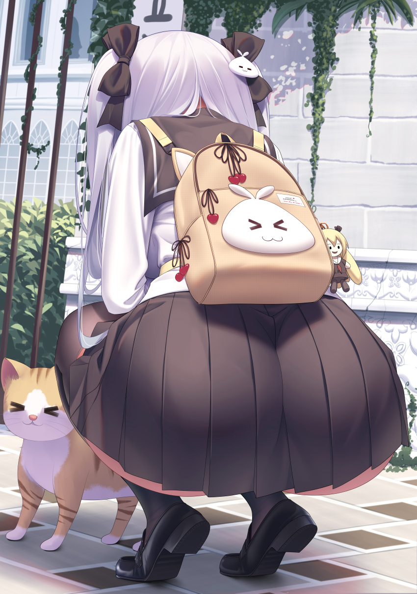 &gt;_&lt; 1girl absurdres animal ass ass_focus ass_peek back black_bow black_footwear black_skirt black_thighhighs bow cat commentary_request from_behind hair_bow hair_ornament highres huge_ass long_hair miniskirt niliu_chahui original outdoors pleated_skirt ribbon school_uniform shirt skirt squatting thighhighs tiptoes tokisaki_mio two_side_up white_hair white_shirt