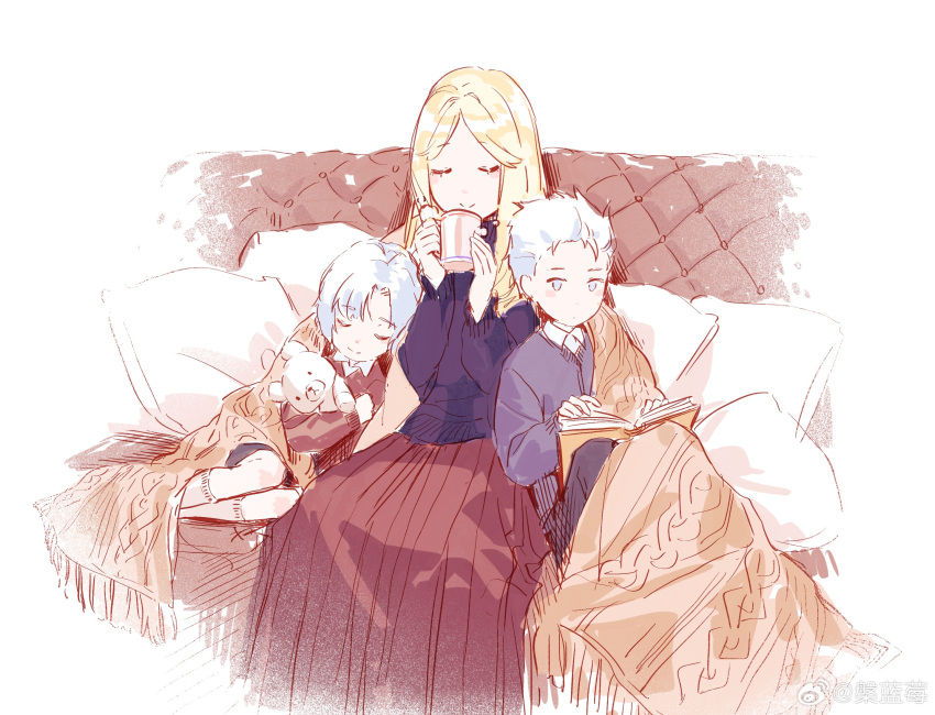 1girl aged_down blonde_hair blue_eyes blush book closed_eyes closed_mouth covering_with_blanket cup dante_(devil_may_cry) devil_may_cry_(series) eva_(devil_may_cry) family hair_slicked_back highres holding holding_cup long_hair mother_and_son multiple_boys parent_and_child siblings simple_background smile stuffed_animal stuffed_toy teddy_bear vergil_(devil_may_cry) weibo_2929299473 white_hair