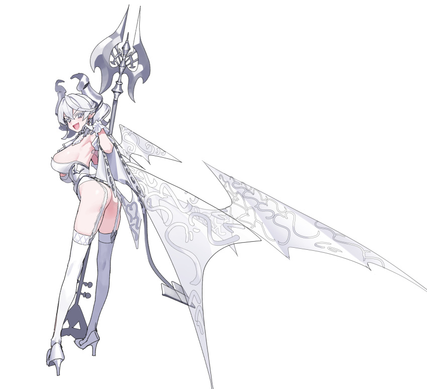 1girl ass breasts demon_girl demon_horns demon_wings dress duel_monster full_body gloves grey_eyes hair_between_eyes halberd high_heels highres holding holding_polearm holding_weapon horns large_breasts leotard looking_at_viewer lovely_labrynth_of_the_silver_castle low_wings medium_hair multiple_wings mx2j pointy_ears polearm sideboob simple_background skindentation smile solo standing tail thighhighs transparent_wings twintails weapon white_background white_footwear white_gloves white_hair white_horns white_theme white_thighhighs wings yu-gi-oh!