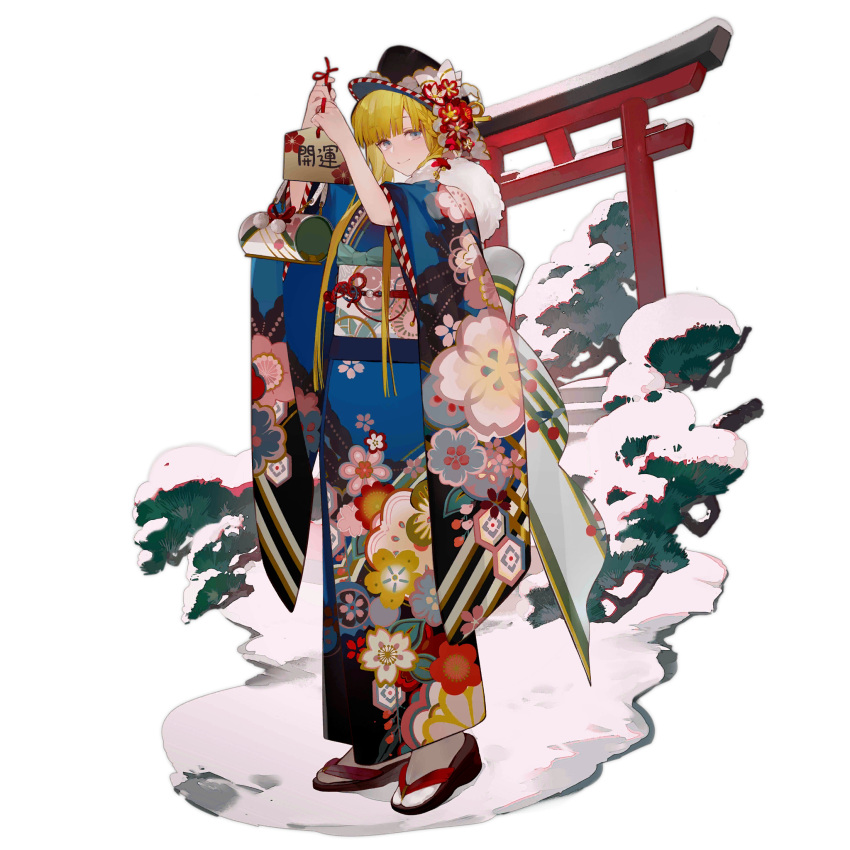 1girl black_headwear blonde_hair blue_eyes blue_kimono blunt_bangs braid branch closed_mouth ema floral_print floral_print_kimono flower foliage full_body girls'_frontline hat hat_flower highres holding holding_ema japanese_clothes kimono long_hair long_sleeves looking_at_viewer obi object_request official_alternate_costume official_art okobo peaked_cap ppd-40_(girls'_frontline) ppd-40_(tranquil_mountain_in_the_gloom)_(girls'_frontline) print_kimono red_flower sandals sash shuaigegentou smile snow socks solo standing tabi third-party_source torii transparent_background very_long_hair white_sash white_socks wide_sleeves