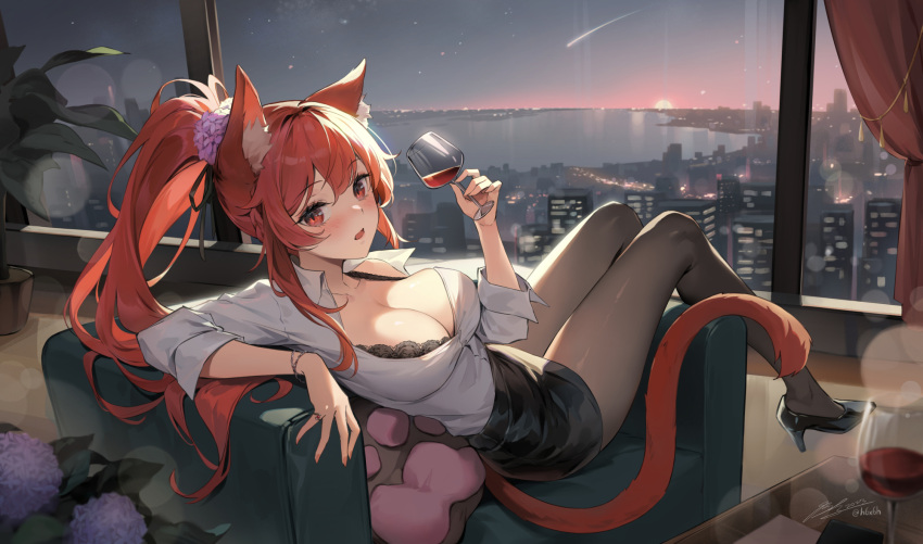 1991_(blz) 1girl alcohol animal_ear_fluff animal_ears black_bra black_pantyhose black_skirt blush bra breasts cat_ears cat_girl cleavage cup drinking_glass high_heels highres holding holding_cup indie_virtual_youtuber large_breasts long_hair looking_at_viewer neko_matsuri_(vtuber) open_mouth pantyhose ponytail red_eyes red_hair red_wine shirt skirt solo underwear virtual_youtuber white_shirt wine wine_glass