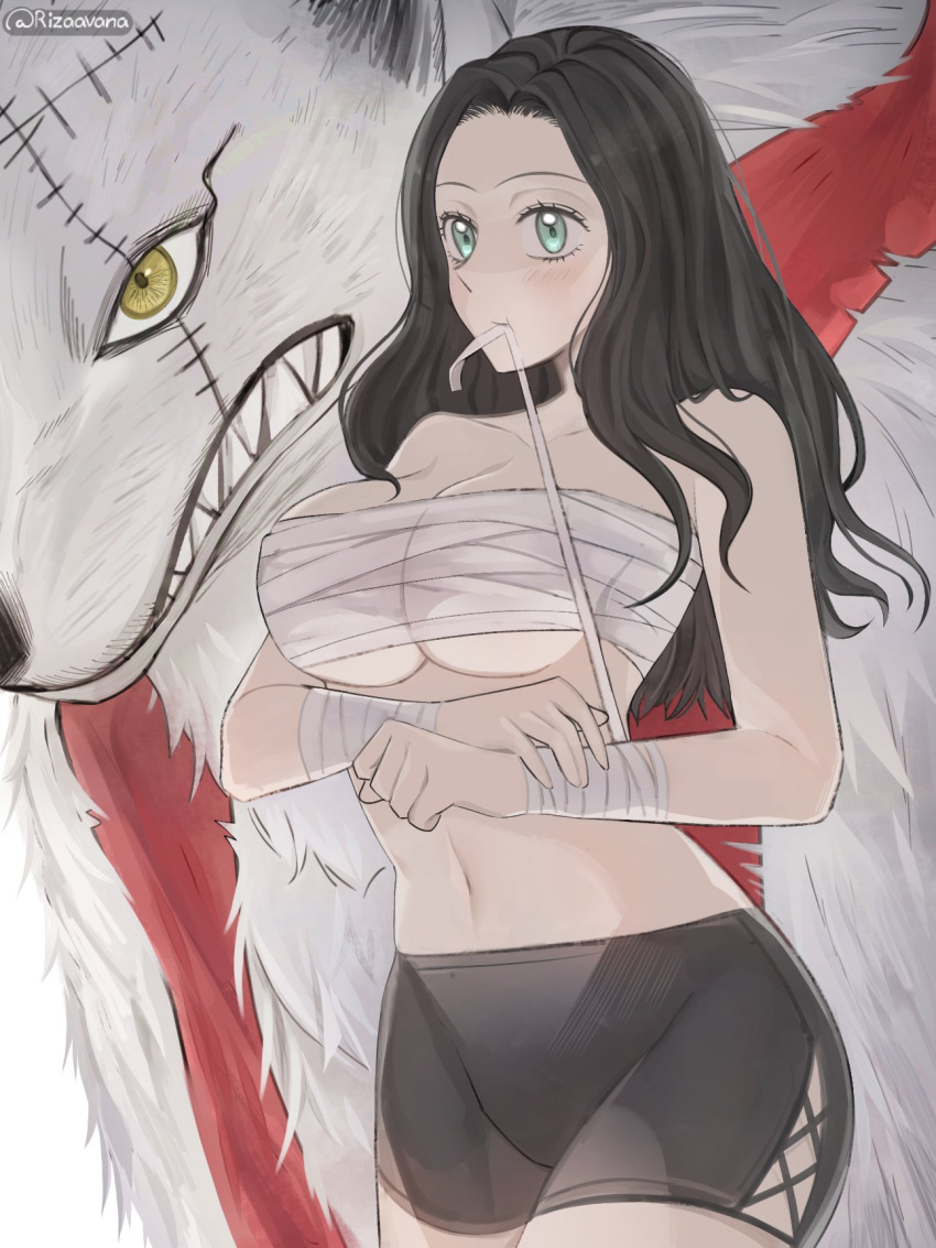 1girl bandaged_wrist bandages black_clover black_hair black_shorts charmy_pappitson chest_sarashi clenched_teeth familiar green_eyes highres long_hair midriff rizaavana sarashi sharp_teeth shorts solo_focus teeth twitter_username wolf yellow_eyes