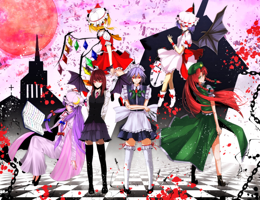 6+girls apron arms_behind_back back_bow bat_wings black_footwear black_thighhighs black_vest blonde_hair blue_skirt blue_vest bow breasts brooch center_frills checkered_floor clock clock_tower closed_mouth collared_shirt crescent crescent_hat_ornament crossed_arms dress embodiment_of_scarlet_devil flandre_scarlet flying frilled_apron frilled_skirt frilled_thighhighs frills full_body green_skirt green_vest hat hat_ornament hat_ribbon head_wings hong_meiling izayoi_sakuya jewelry knife koakuma large_bow long_hair long_sleeves looking_at_viewer maid maid_headdress medium_hair mob_cap moon multicolored_wings multiple_girls necktie no_socks patchouli_knowledge pigeon-toed pink_dress pink_headwear pink_necktie pink_shirt pink_skirt puffy_short_sleeves puffy_sleeves purple_eyes purple_hair purple_skirt red_bow red_brooch red_eyes red_hair red_moon red_ribbon red_vest remilia_scarlet ribbon ribbon-trimmed_headwear ribbon_trim sakura_shounen_(hiroz) shirt shoe_soles short_sleeves skirt skirt_set sleeve_ribbon small_breasts standing thighhighs throwing_knife touhou tower very_long_hair vest waist_apron weapon white_apron white_headwear white_shirt white_thighhighs wings wrist_cuffs zettai_ryouiki