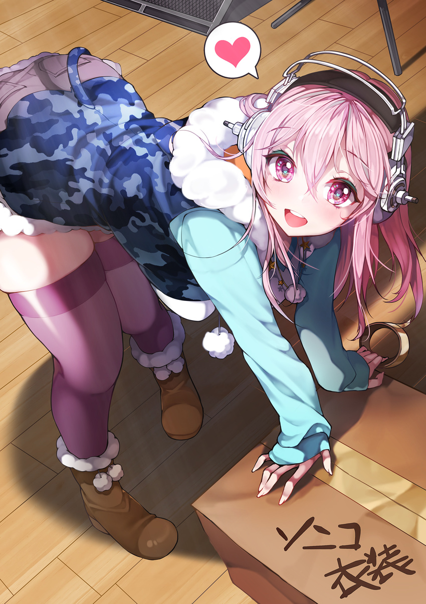 bent_over blush box breasts camouflage_hoodie cardboard_box commentary_request fur_trim headphones heart heart-shaped_pupils highres hood hoodie kanola_u large_breasts leaning_forward long_hair looking_at_viewer nitroplus open_mouth pink_eyes pink_hair pom_pom_(clothes) skindentation sleeveless sleeveless_hoodie smile solo spoken_heart super_sonico symbol-shaped_pupils tape thighhighs zettai_ryouiki