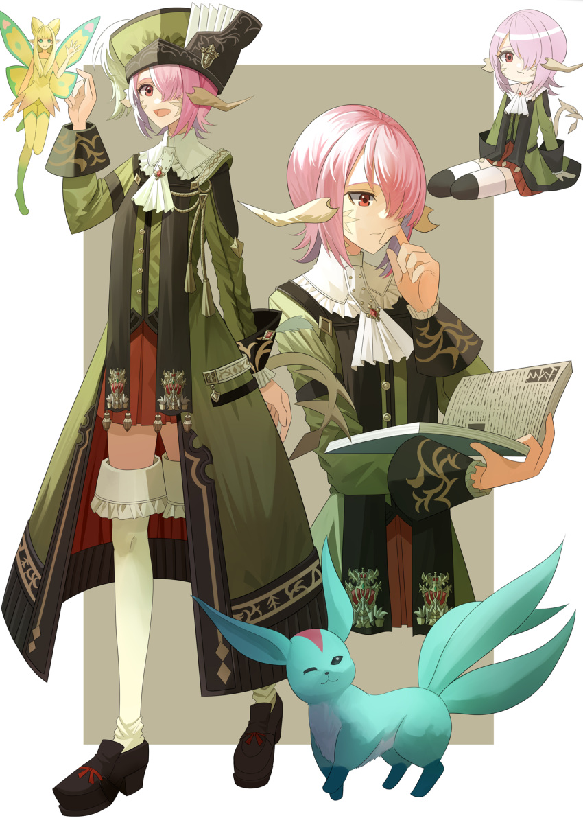 1girl ascot au_ra black_footwear blinking book boots capelet carbuncle_(final_fantasy) chibi coat_of_arms cropped_torso dragon_horns dragon_tail eos_(ff14) final_fantasy final_fantasy_xiv finger_to_own_chin flat_chest frown gloves green_headwear green_robe hair_over_one_eye highres holding holding_book horns looking_at_viewer multiple_views ojiki pink_hair platform_boots platform_footwear reading red_eyes red_skirt robe scales scholar_(final_fantasy) short_hair skirt smile tail thighhighs warrior_of_light_(ff14) waving white_ascot white_capelet white_gloves white_thighhighs