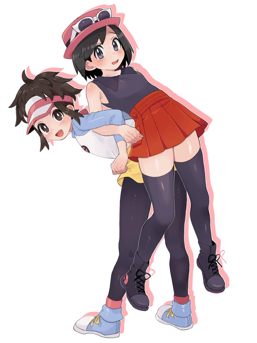 2boys :d assisted_stretching back-to-back blush brown_hair calem_(pokemon) collared_shirt commentary cosplay crossdressing drop_shadow eyewear_on_headwear grey_eyes hat highres locked_arms looking_at_viewer male_focus multiple_boys nate_(pokemon) open_mouth pantyhose pink_headwear pleated_skirt pokemon pokemon_bw2 pokemon_xy red_skirt rosa_(pokemon) rosa_(pokemon)_(cosplay) sana_(37pisana) serena_(pokemon) serena_(pokemon)_(cosplay) shirt shoes short_hair shorts simple_background skirt sleeveless sleeveless_shirt smile sunglasses thighhighs visor_cap white_background white_headwear yellow_shorts