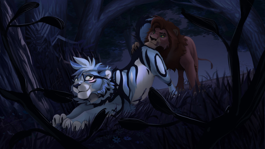 butt disney duo eye_scar facial_scar felid feral hi_res kovu_(the_lion_king) lion looking_back male male/male mammal nicepanda night pantherine plant presenting presenting_hindquarters scar static_(hhhiii) tail tail_tuft the_lion_king tiger tree tuft
