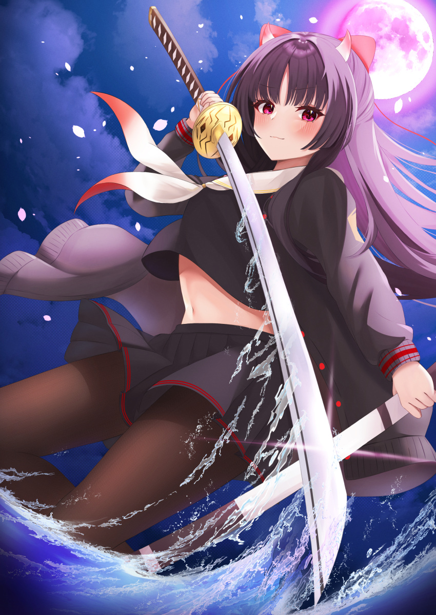 1girl absurdres azur_lane black_shirt black_skirt blush bow cloud commentary_request dual_wielding elegant_(sumisumi4268) falling_petals hair_bow highres holding holding_sword holding_weapon horns katana long_hair moon navel neckerchief night night_sky pantyhose petals pink_eyes pleated_skirt red_bow red_neckerchief sakawa_(azur_lane) school_uniform shirt skirt sky solo splashing sword two-tone_neckerchief water weapon white_neckerchief white_petals