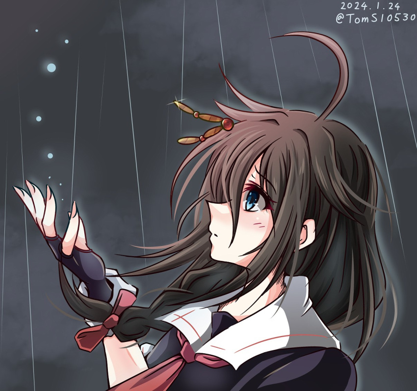 1girl ahoge black_gloves black_serafuku black_shirt blue_eyes braid cloud dated fingerless_gloves gloves grey_sky hair_flaps hair_over_shoulder kantai_collection long_hair looking_up rain sailor_collar sailor_shirt school_uniform serafuku shigure_(kancolle) shirt single_braid sky solo toms twitter_username upper_body white_sailor_collar