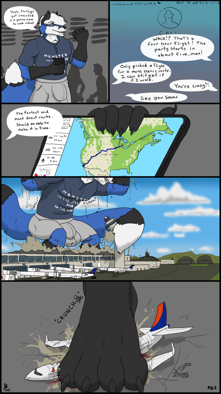 2_tails 4_toes 5_fingers 5_panel_comic 9:16 aircraft airplane airport anthro big_bulge biped blood blood_on_ground blue_body blue_clothing blue_shirt blue_t-shirt blue_topwear bodily_fluids bottomwear bulge canid canine claws clothed clothing comic crushed_vehicle destroyed_building destroyed_vehicle destruction dialogue electronics english_text feet finger_claws fingers foot_crush fox fully_clothed fully_clothed_anthro fully_clothed_male grey_bottomwear grey_clothing grey_shorts growth hair hi_res huge_bulge macro male mammal multi_tail onomatopoeia paws phone shirt shorts solex_draconov solexfox solo sound_effects speech_bubble t-shirt tail text text_on_clothing text_on_t-shirt text_on_topwear toe_claws toes topwear white_hair