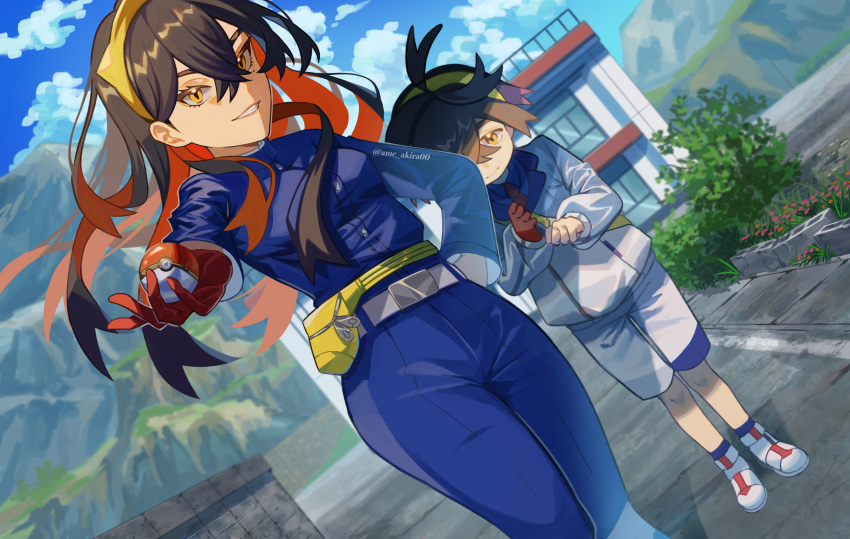 1boy 1girl absurdres ame_akira belt belt_buckle black_hair blue_jacket blue_pants buckle building bush carmine_(pokemon) cloud collared_shirt commentary_request day fanny_pack gloves grin hair_between_eyes hairband highres holding holding_poke_ball jacket kieran_(pokemon) knees outdoors pants poke_ball poke_ball_(basic) pokemon pokemon_sv shirt shoes short_hair shorts single_glove sky smile socks standing teeth yellow_bag yellow_hairband