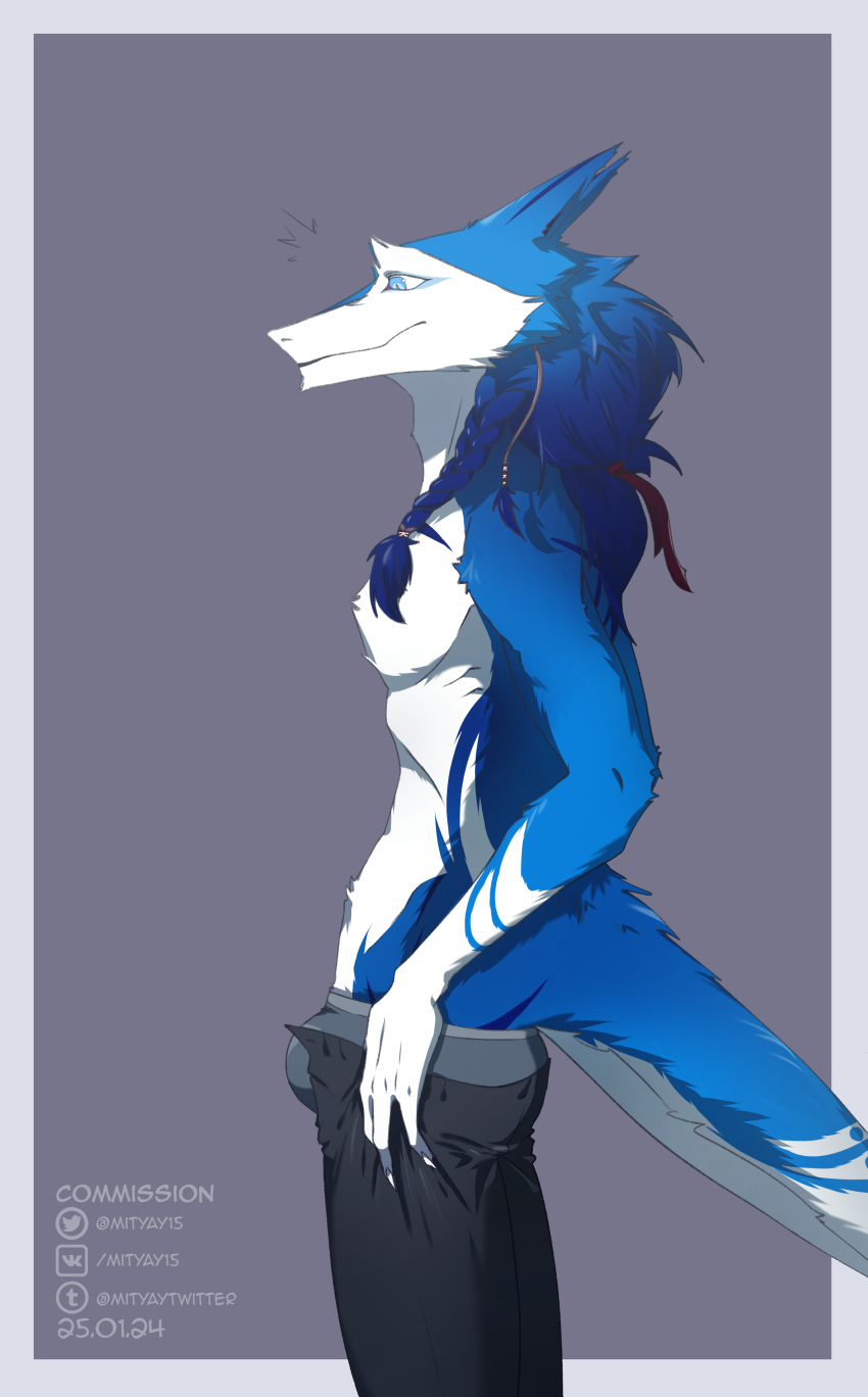 absurd_res anthro big_bulge blue_body blue_eyes braided_hair braided_ponytail bulge clothing hair hi_res looking_down male mityay15 ponytail sergal sergei_(lightwo) simple_background solo tight_clothing tight_fit