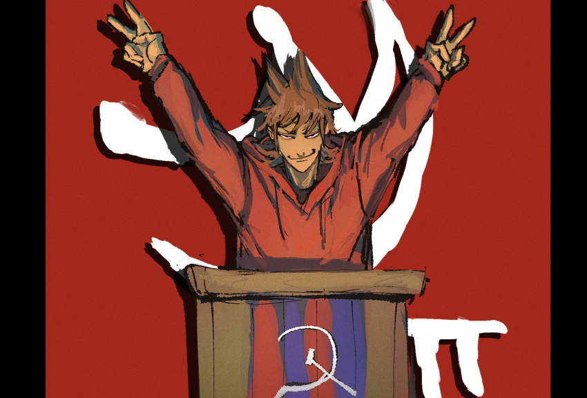 1boy arms_up black_eyes brown_hair closed_mouth commentary dora_(dorrra05) double_v drop_shadow eddsworld flipped_hair half-closed_eyes hammer_and_sickle highres hood hood_down hoodie lectern long_sleeves looking_at_viewer male_focus medium_hair pillarboxed red_background red_hoodie smirk solo spiked_hair symbol-only_commentary tord_(eddsworld) upper_body v victory_pose