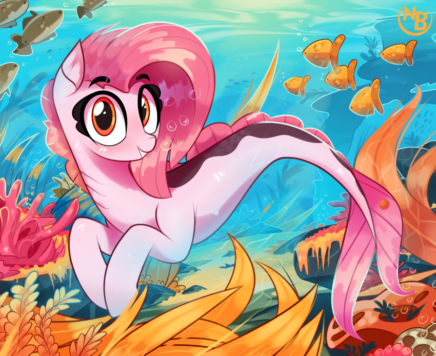 2024 absurd_res blush bubble digital_media_(artwork) eyebrows fan_character female fish gills grin hair hasbro hi_res looking_at_viewer marine my_little_pony nevobaster orange_eyes seahorse seaweed smile syngnathid syngnathiform underwater water