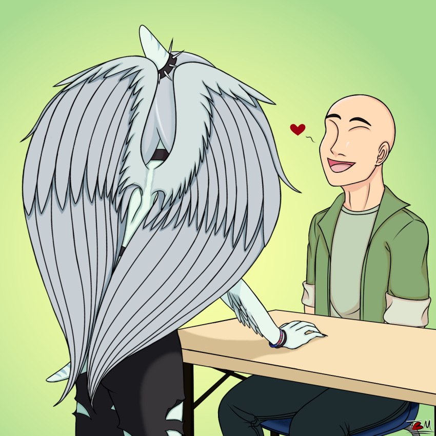 &lt;3 1:1 2023 5_fingers accessory anon_(snoot_game) anthro arm_feathers bald black_bottomwear black_clothing black_pants blue_body blue_scales bone_frill bottomwear bracelet clothed clothing duo faceless_character faceless_human faceless_male fang_(gvh) feathered_wings feathers female fingers frill_(anatomy) furgonomics furry-specific_jewelry furry_specific_accessory goodbye_volcano_high grey_body grey_feathers hair hair_accessory hairband halter_top hand_on_table head_crest head_frill hi_res human jacket jewelry long_hair male mammal markings open_mouth open_smile pants pterodactylus pterosaur rear_view reptile scales scalie short_tail silver_hair simple_background sitting smile snoot_game spiked_hairband standing striped_frill striped_markings striped_tail stripes tail tail_markings thequarinianparallel tongue topwear torn_bottomwear torn_clothing torn_pants wings