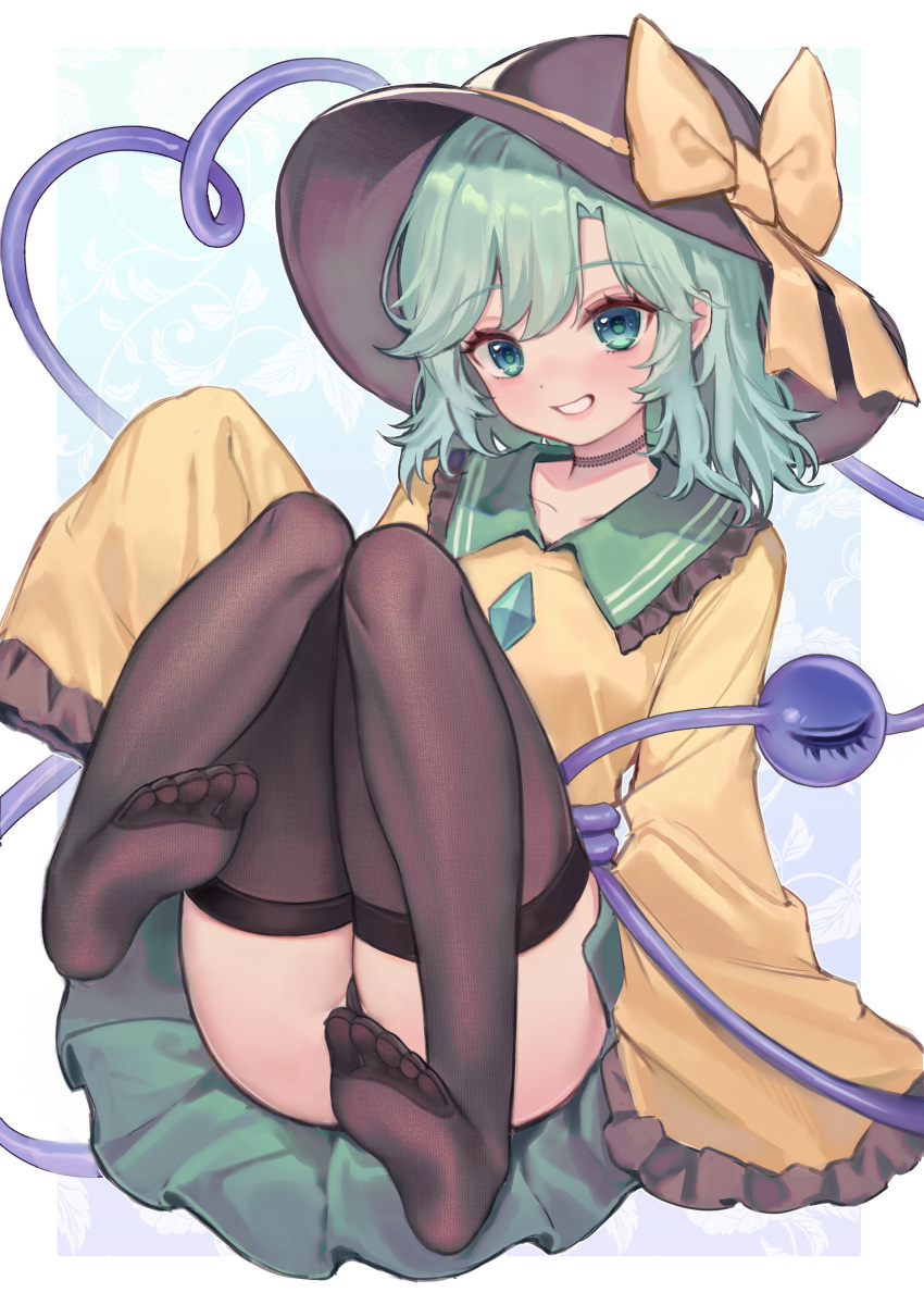 1girl absurdres aqua_eyes aqua_hair black_choker black_panties blue_background blush border bow brown_headwear brown_thighhighs buttons choker collarbone collared_shirt commentary diamond_button eyelashes feet frills full_body green_skirt grin hair_between_eyes hat hat_bow heart heart_of_string highres knees_together_feet_apart komeiji_koishi lace lace_choker leaf looking_at_viewer medium_hair no_shoes outside_border panties pantyshot qiu_ju shirt sitting skirt sleeves_past_fingers sleeves_past_wrists smile soles solo teeth thighhighs thighs third_eye toes touhou underwear white_border wide_sleeves yellow_bow yellow_shirt