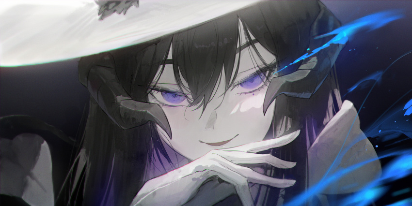 1girl black_hair commentary constance_(honkai:_star_rail) highres honkai:_star_rail honkai_(series) horns long_hair looking_at_viewer parted_lips purple_eyes smile solo white_headwear yonesdraws