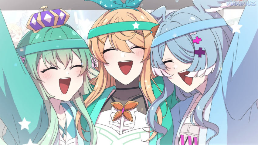 3girls aqua_bow aqua_hairband aqua_jacket artist_name blonde_hair blue_hair bow closed_eyes crown elira_pendora elira_pendora_(1st_costume) finana_ryugu finana_ryugu_(1st_costume) green_hair hair_ornament hair_over_one_eye hairband hairclip headband highres jacket lazulight long_hair maximuz00 multiple_girls nijisanji nijisanji_en one_eye_covered open_mouth otaku pomu_rainpuff pomu_rainpuff_(1st_costume) smile teeth upper_body upper_teeth_only