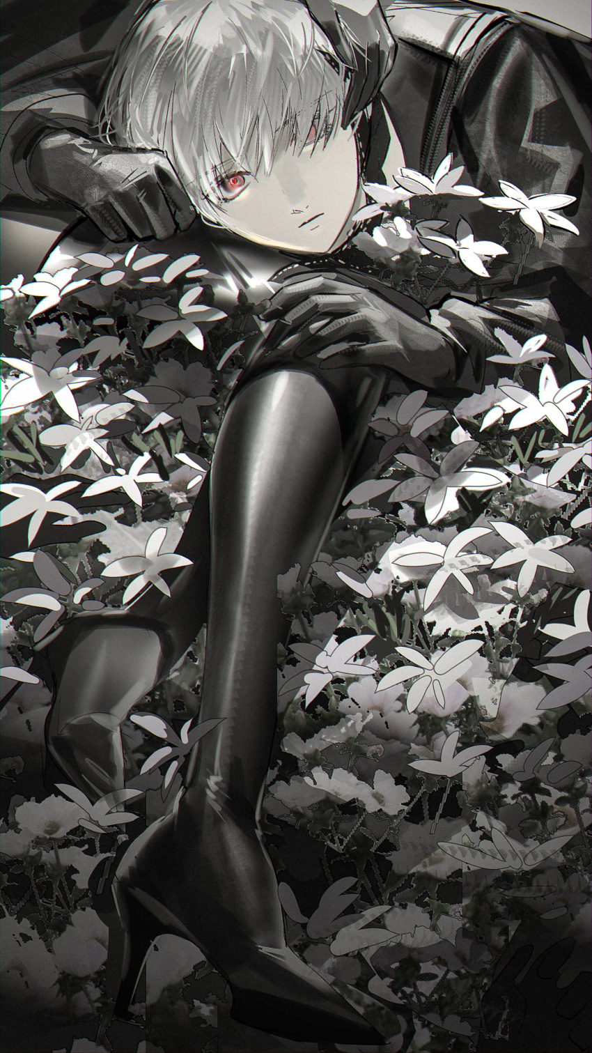 1boy 1girl 2b_(nier:automata) 9s_(nier:automata) absurdres black_footwear black_gloves black_jacket boots closed_mouth duoj_ji field flower flower_field gloves hand_on_another's_head hand_on_another's_leg high_heel_boots high_heels highres jacket lap_pillow long_sleeves looking_at_viewer lower_body lying lying_on_lap nier:automata nier_(series) on_lap on_stomach out_of_frame red_eyes short_hair sitting thigh_boots upper_body white_flower white_hair yokozuwari