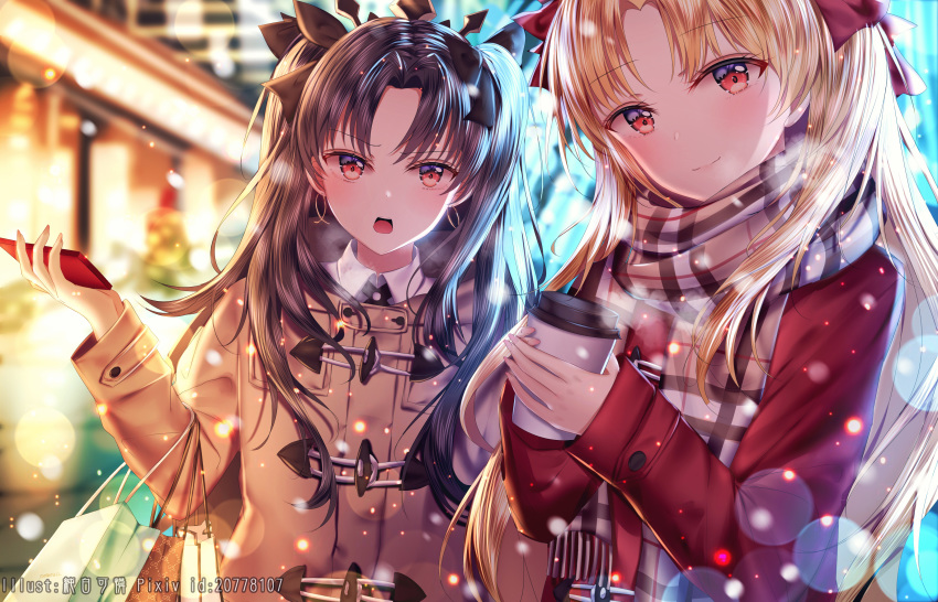 2girls absurdres bag blonde_hair blurry blurry_background bow brown_bow brown_coat brown_hair brown_scarf cellphone closed_mouth coat coffee_cup commentary_request cup depth_of_field disposable_cup duffel_coat earrings ereshkigal_(fate/grand_order) fate/grand_order fate_(series) fingernails fringe_trim hair_bow head_tilt highres holding holding_cellphone holding_cup holding_phone hoop_earrings ishtar_(fate/grand_order) jewelry junpaku_karen long_hair multiple_girls open_mouth paper_bag phone pixiv_id plaid plaid_scarf red_bow red_coat red_eyes scarf shopping_bag smile tiara two_side_up upper_body very_long_hair