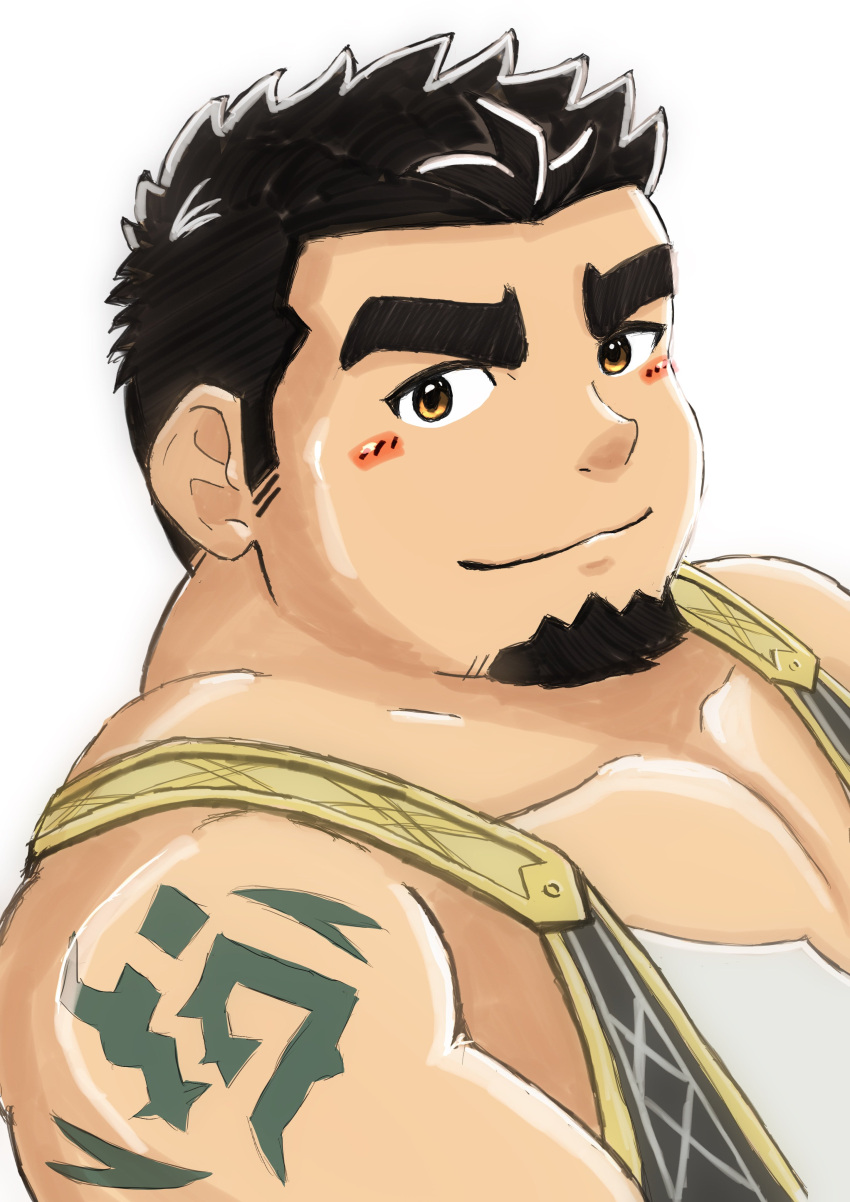 1boy absurdres bara beard black_hair blush_stickers crave_saga facial_hair from_side highres huge_eyebrows looking_at_viewer male_focus medium_sideburns muscular muscular_male pectoral_cleavage pectorals protagonist_(crave_saga) satono_(satopu_v2) short_hair sideburns_stubble solo stubble thick_beard upper_body