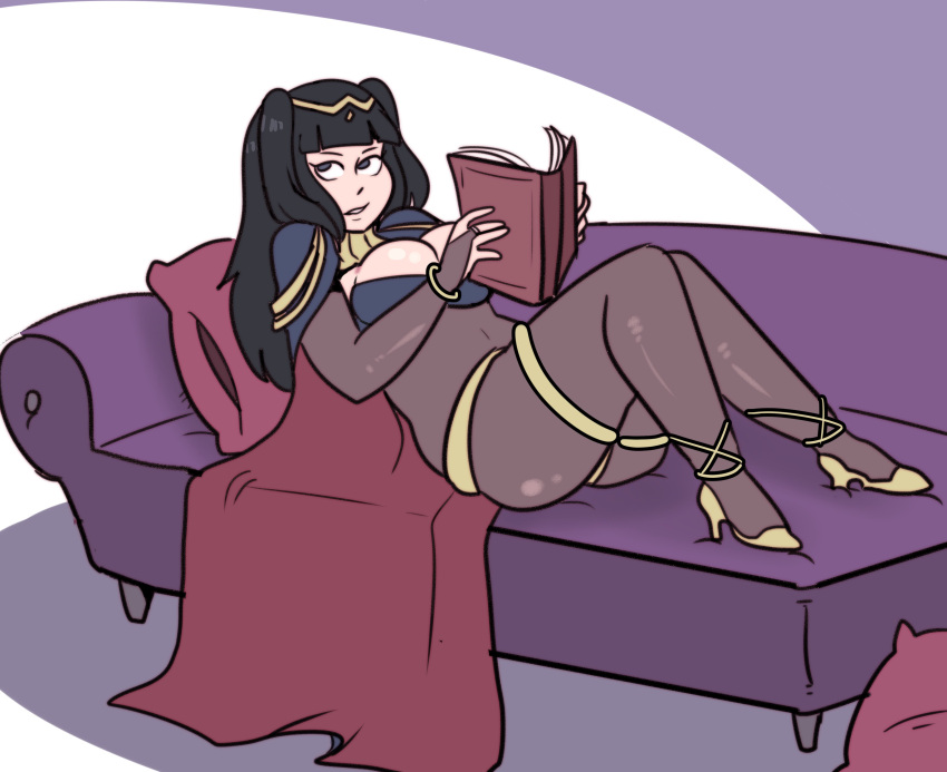absurdres ass blunt_bangs book bracelet breasts bridal_gauntlets couch covered_navel fire_emblem fire_emblem_awakening gold_trim high_heels highres holding holding_book jewelry kujikawaii looking_to_the_side lying on_back on_couch parted_lips pillow simple_background skin_tight skindentation tharja_(fire_emblem) thick_thighs thighlet thighs thong turtleneck two_side_up v-shaped_eyebrows
