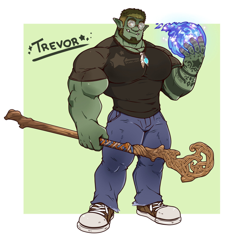 1boy absurdres bara beard black_hair body_markings bulge character_name colored_skin denim dungeons_and_dragons facial_hair full_beard full_body glasses green_skin hamu_bear highres holding holding_staff huge_eyebrows huge_pectorals inset_border jeans jewelry large_hands large_pectorals looking_at_viewer magic male_focus monster_boy multicolored_hair muscular muscular_male orc original pants pectorals pendant pointy_ears round_eyewear shoes sneakers solo staff standing streaked_hair thick_beard thick_thighs thighs trevor_ulfgarsson_(hamu_bear) tusks two-tone_background