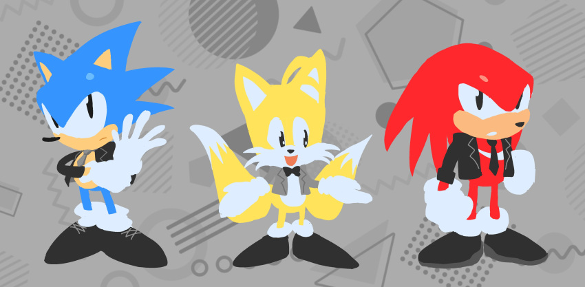 2023 2_tails absurd_res anthro black_clothing black_footwear black_shoes black_tie_(suit) blue_body blue_fur bottomless butler canid canine cheek_tuft chest_markings classic_knuckles classic_sonic classic_sonic_(universe) classic_tails clothed clothing dipstick_tail echidna eulipotyphlan facial_tuft flat_colors footwear fox fur gloves grey_background group handwear hedgehog hi_res knuckles_the_echidna male mammal markings miles_prower monotreme multi_tail necktie open_mouth prick_ears quills red_body red_fur sega simple_background socks sonic_the_hedgehog sonic_the_hedgehog_(series) standing suit tail tail_markings tokiwa757 trio tuft white_body white_clothing white_footwear white_fur white_gloves white_handwear white_socks yellow_body yellow_fur