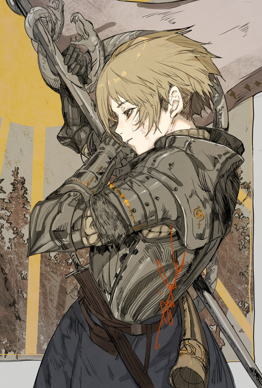 1boy absurdres armor belt blonde_hair brown_eyes commentary_request couter from_side gambeson gauntlets highres hiranko horns leather_belt looking_afar original parted_lips plate_armor sheath short_hair signature single_horn sketch solo standing sword upper_body weapon