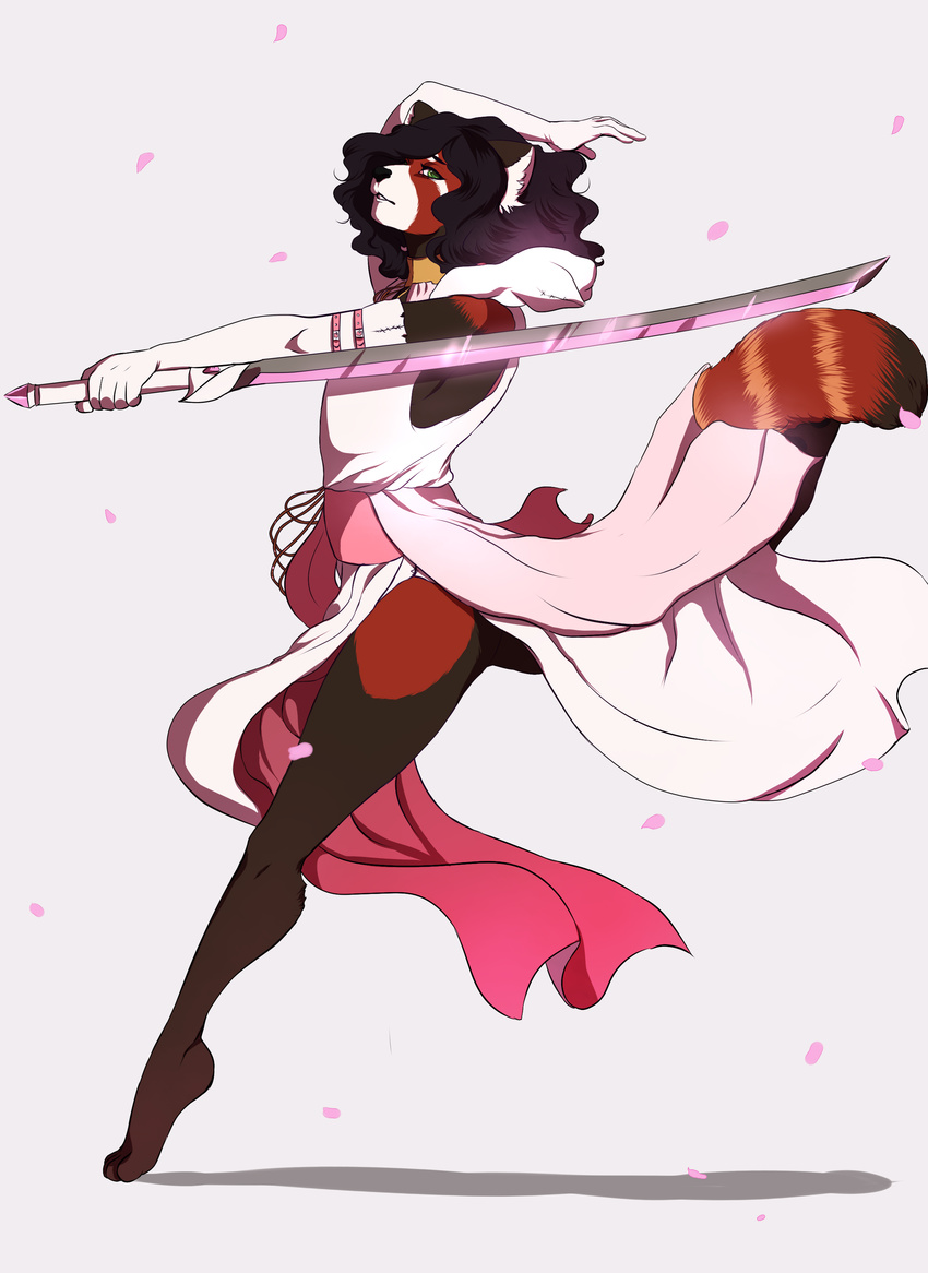 ballet cherry_blossom clothed clothing dancing dzou eocene_lacreno fighting_stance girly glowing hood invalid_tag katana leap male mammal melee_weapon odachi plant red_panda robes skimpy sword thigh weapon