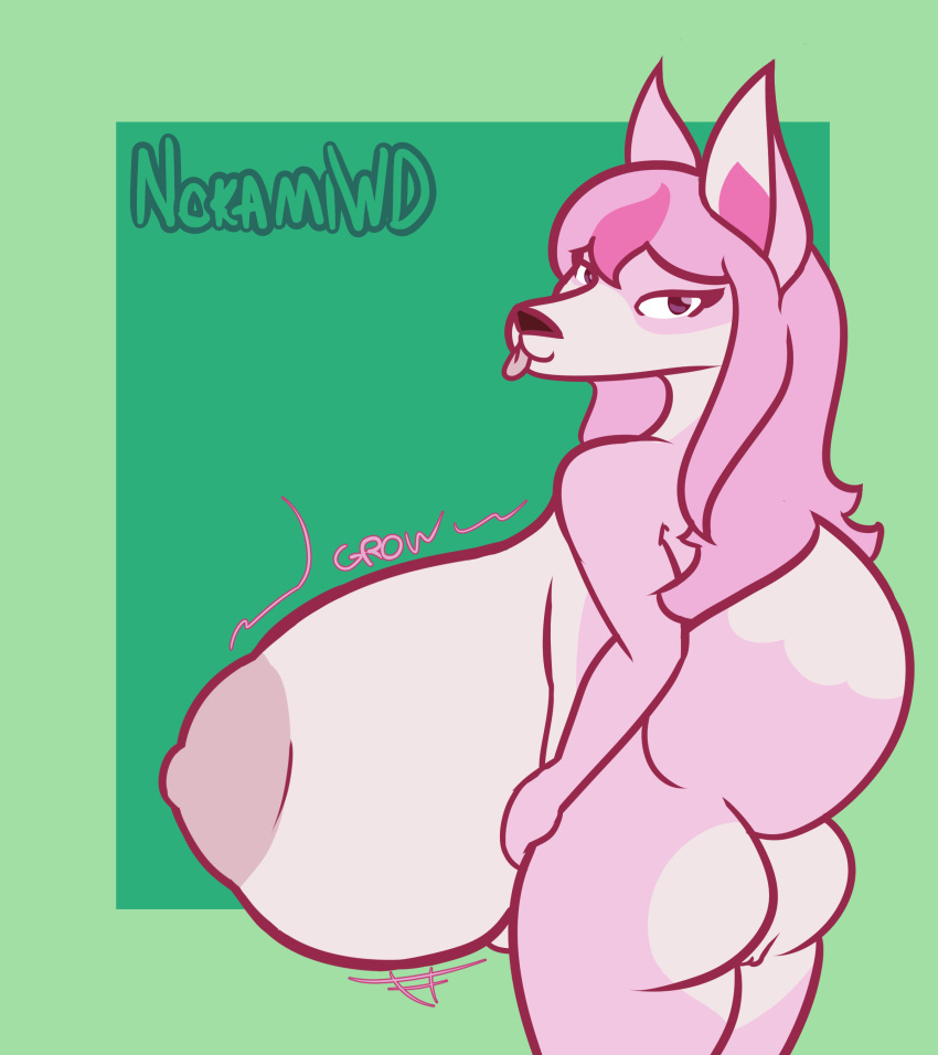 absurd_res anthro big_breasts big_butt blep brand_new_animal breast_expansion breasts butt canid canine expansion female fluffy fluffy_tail fox fur hi_res huge_breasts hyper hyper_breasts mammal nazuna_hiwatashi nokamiwd rear_view studio_trigger tail tongue tongue_out white_body white_fur