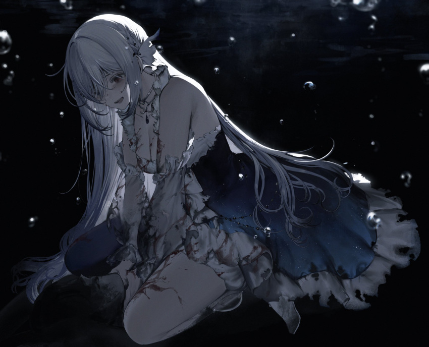 1boy 1girl aitsuki_nakuru asphyxiation bare_shoulders blood blood_in_hair blood_on_chest blood_on_clothes blood_on_leg blue_dress breasts cleavage commentary_request dark dark_background death detached_sleeves dress faceless faceless_male frilled_dress frilled_sleeves frills girl_on_top grey_eyes hair_between_eyes highres la_priere light_particles long_hair long_sleeves looking_down murder open_mouth sleeveless sleeveless_dress strangling torn_clothes torn_dress video_thumbnail violence water_drop white_dress white_hair white_sleeves yandere youichi_(45_01)