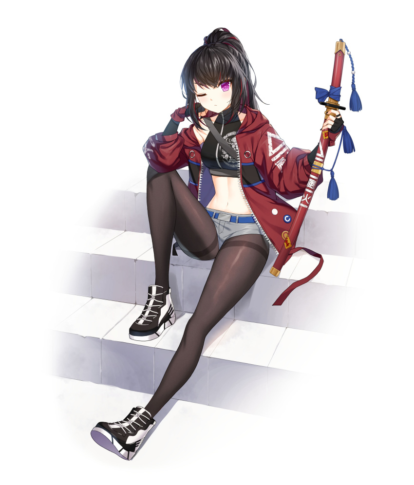 1girl absurdres alternate_hair_color bare_shoulders belt black_footwear black_gloves black_hair black_shirt breasts brown_pantyhose closers crop_top elbow_gloves gloves grey_shorts highres holding holding_sword holding_weapon jacket katana knee_up long_hair long_sleeves looking_at_viewer luna_aegis_(closers) medium_breasts micro_shorts midriff multicolored_hair nail_polish navel off_shoulder official_art one_eye_closed open_clothes open_jacket pantyhose ponytail purple_eyes red_jacket sheath sheathed shirt shoes shorts sitting sleeveless sleeveless_shirt sleeveless_turtleneck solo stomach streaked_hair sword thighband_pantyhose turtleneck weapon white_background