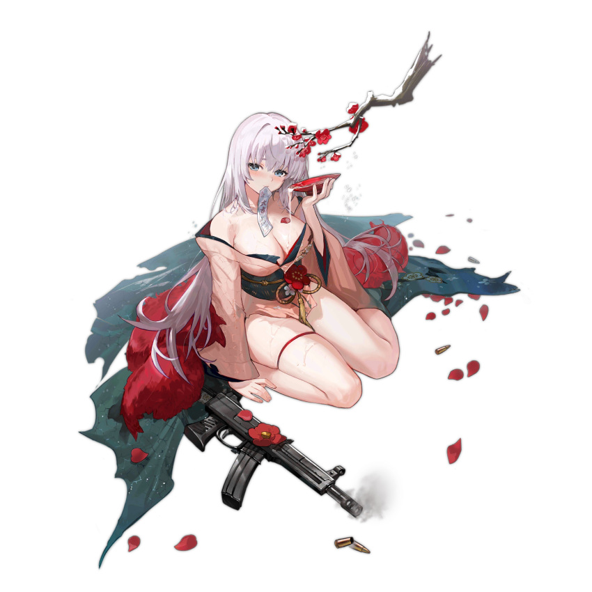 1girl aqua_kimono black_sash blue_eyes blush bottle branch breasts bullet cleavage closed_mouth cup feather_boa feathers floral_print floral_print_kimono flower flower_request full_body girls'_frontline gradient_kimono gun hair_down highres holding holding_cup japanese_clothes kimono large_breasts long_hair looking_at_viewer mouth_hold obi official_alternate_costume official_art ofuda ots-39 ots-39_(apricot_fantasia)_(girls'_frontline) ots-39_(girls'_frontline) pink_kimono print_kimono red_feathers red_flower red_petals sakazuki sake_bottle sash shell_casing simple_background sitting smoke smoking_gun solo spilling thigh_strap third-party_source torn_clothes torn_kimono transparent_background very_long_hair wariza weapon weapon_on_floor white_hair wumumu