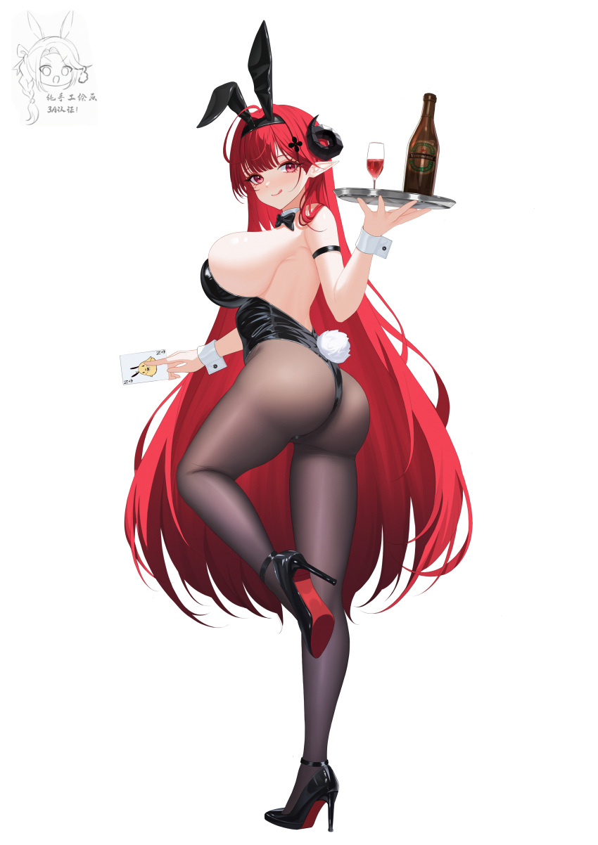 1girl absurdres animal_ears arm_strap ass azur_lane backless_leotard black_footwear black_horns black_leotard black_pantyhose breasts card commentary_request curled_horns detached_collar fake_animal_ears fake_tail from_side full_body high_heels highres hindenburg_(azur_lane) hindenburg_(delirious_duel)_(azur_lane) holding holding_tray horns huge_breasts leotard long_hair looking_at_viewer nanqizizhou official_alternate_costume pantyhose playboy_bunny playing_card pointy_ears rabbit_ears rabbit_tail red_eyes red_hair red_wine shoes simple_background solo stiletto_heels strapless strapless_leotard tail translation_request tray very_long_hair white_background white_wrist_cuffs wrist_cuffs