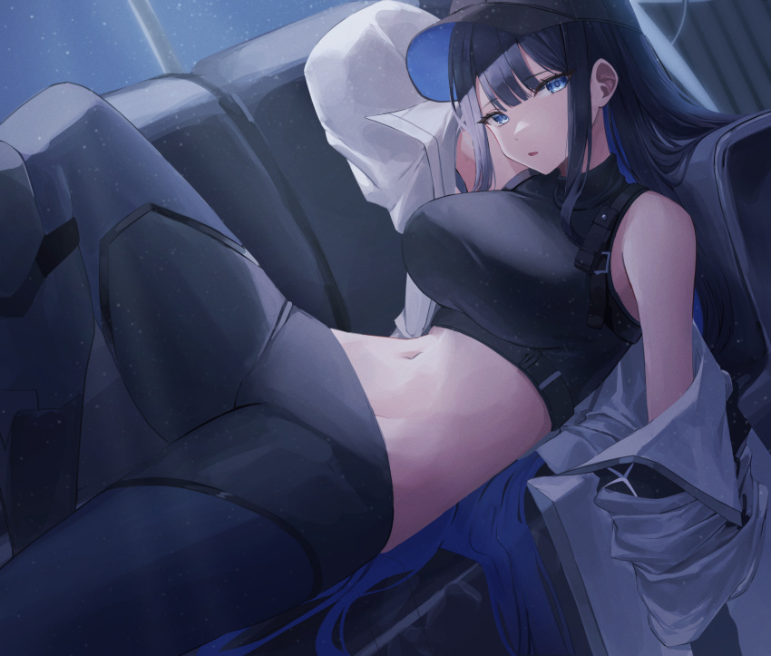 1girl absurdres bare_shoulders baseball_cap black_hair blue_archive blue_eyes blue_hair blue_pants breasts commentary crop_top hat highres large_breasts leggings long_hair looking_at_viewer lying mea_(hwaksal) midriff navel off_shoulder on_back pants parted_lips saori_(blue_archive) solo stomach thighs very_long_hair