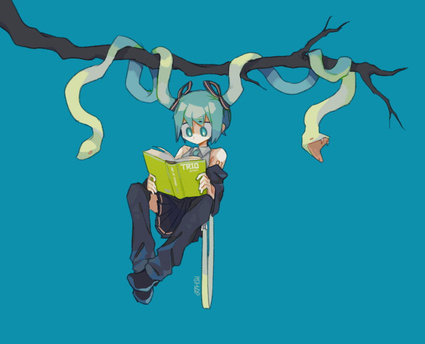 1girl aqua_eyes aqua_hair aqua_necktie bare_shoulders black_footwear black_leg_warmers black_ribbon black_skirt black_sleeves bmp-to-png_conversion book branch bright_pupils chinese_commentary collared_shirt commentary_request detached_sleeves full_body grey_shirt hair_ribbon hatsune_miku highres leg_warmers living_hair long_hair necktie open_book pleated_skirt prehensile_hair reading ribbon shirt shoes shoulder_tattoo signature skirt sleeveless sleeveless_shirt snake_hair solo tattoo twintails very_long_hair vocaloid white_pupils zhepsikn