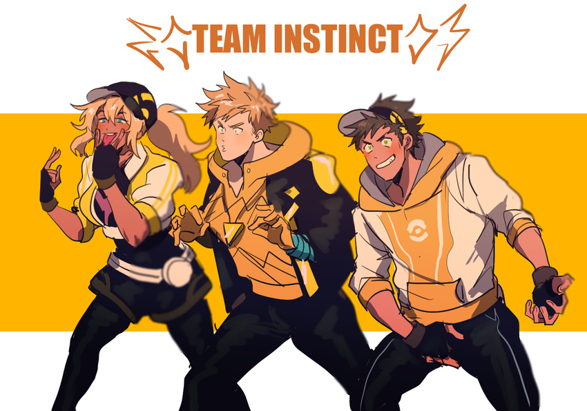 2boys baseball_cap black_hair blonde_hair blue_hair blush crotch_grab cunnilingus_gesture dark_skin dark_skinned_male female_protagonist_(pokemon_go) gloves grin hat hood hoodie jacket kendy_(revolocities) male_protagonist_(pokemon_go) multiple_boys open_clothes open_jacket oral_simulation orange_gloves pokemon pokemon_go provocation salute smile spark_(pokemon) taunting team_instinct two-finger_salute visor_cap