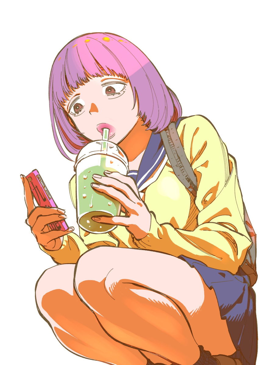 1girl bag black_socks blue_sailor_collar blue_skirt breasts brown_eyes cellphone commentary_request cup disposable_cup drinking drinking_straw drinking_straw_in_mouth feet_out_of_frame from_below from_side hands_up highres holding holding_cup holding_phone lipstick looking_at_phone looking_down mada_tetsukazu makeup medium_breasts miniskirt original phone pink_hair pleated_skirt sailor_collar short_hair simple_background skirt socks solo squatting sweater white_background yellow_sweater