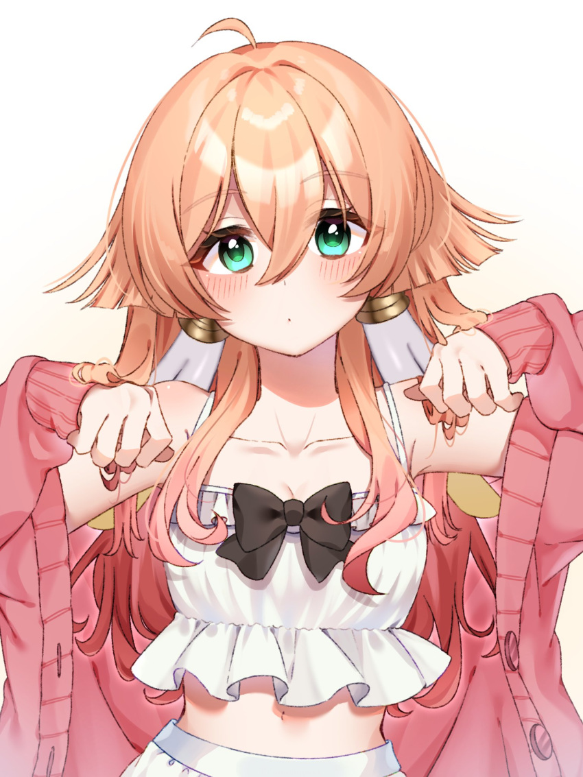 1girl antlers black_bow bloomers blush bow breasts buttons camisole cardigan collarbone dot_mouth genshin_impact green_eyes hair_between_eyes hands_up highres horns long_hair long_sleeves looking_at_viewer midriff navel pink_cardigan pink_hair small_breasts solo tofu_(0tohuuuu) upper_body white_background white_bloomers white_camisole yanfei_(genshin_impact)