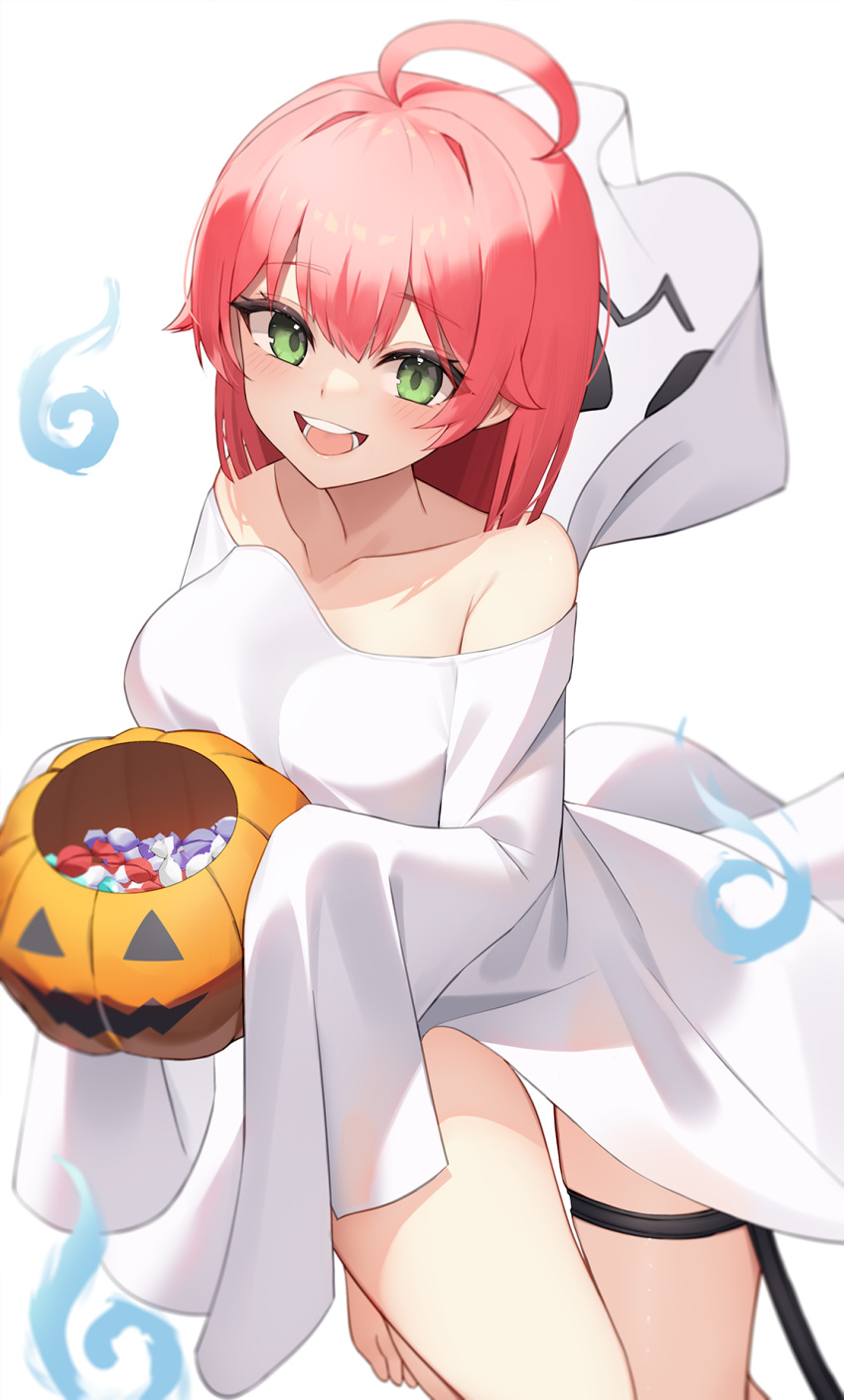 1girl ahoge alternate_costume bare_shoulders barefoot blush breasts bucket candy collarbone dress food ghost_costume green_eyes hair_between_eyes hair_flaps halloween halloween_bucket halloween_costume highres holding holding_bucket hololive hood hood_down hooded_dress large_breasts leg_up looking_at_viewer off-shoulder_dress off_shoulder open_mouth pink_hair round_teeth sakura_miko short_hair simple_background skindentation sleeves_past_fingers sleeves_past_wrists solo teeth thick_thighs thigh_gap thigh_strap thighs thomas_8000 toes virtual_youtuber white_background white_dress wide_sleeves