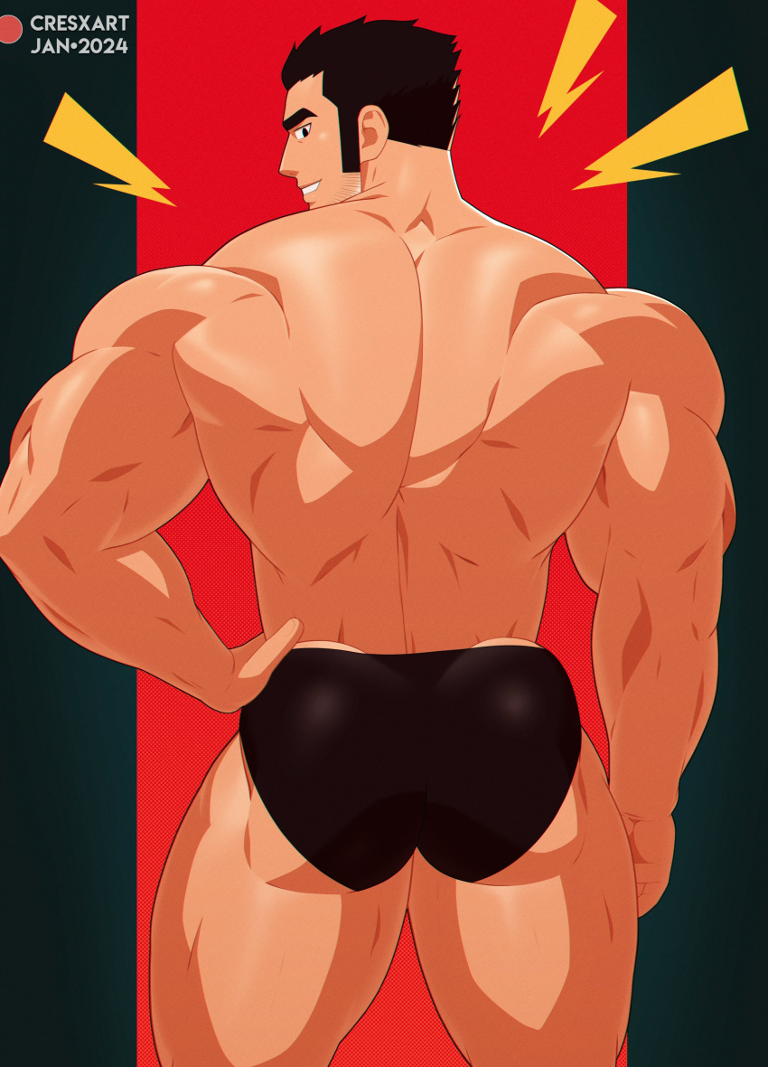 1boy absurdres artist_name ass bara biceps black_eyes black_hair crestren feet_out_of_frame hand_on_own_hip highres huge_ass looking_at_viewer looking_back lucas_lee male_focus male_swimwear manly mature_male muscular muscular_male no_pants patreon_logo patreon_username scott_pilgrim_(series) scott_pilgrim_takes_off short_hair simple_background smirk solo spiked_hair swim_briefs thick_arms thick_eyebrows thick_thighs thighs thunder topless_male triceps