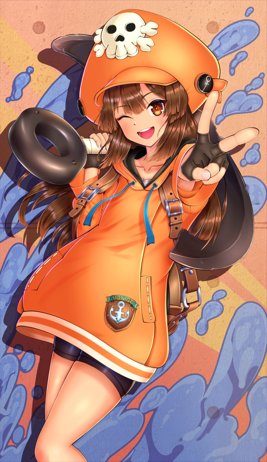 1girl absurdres anchor bike_shorts black_gloves brown_eyes brown_hair cabbie_hat dolphin fingerless_gloves gloves guilty_gear guilty_gear_strive hat hat_ornament highres holding holding_anchor hood hoodie long_hair long_sleeves looking_at_viewer may_(guilty_gear) open_mouth orange_headwear orange_hoodie skull_and_crossbones skull_hat_ornament smile tsugomori_963